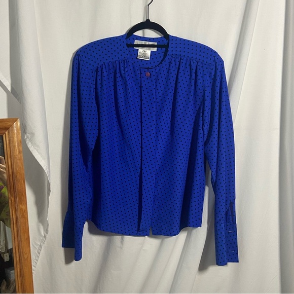 Vintage Jones New York Royal Blue Polka Dot Collarless Long Sleeve Blouse Pleats - Picture 7 of 12